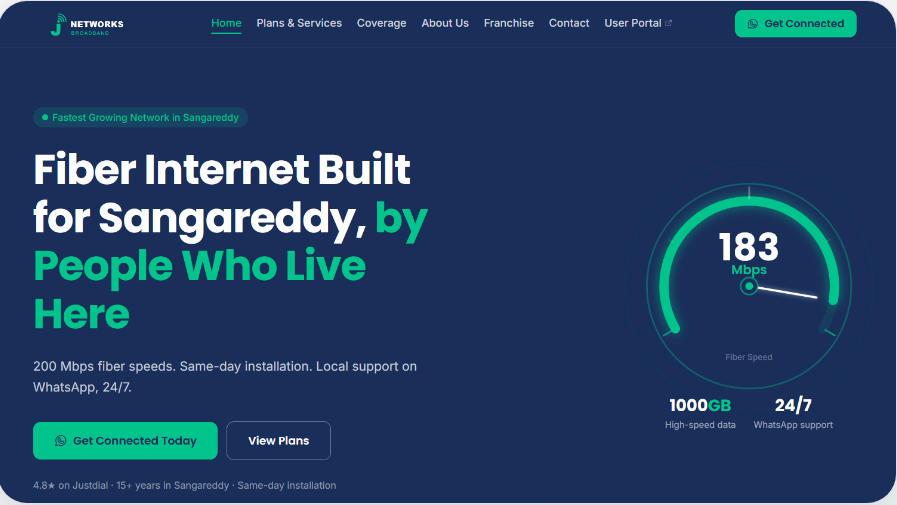 J Networks Broadband website built by Abhilash Mandula